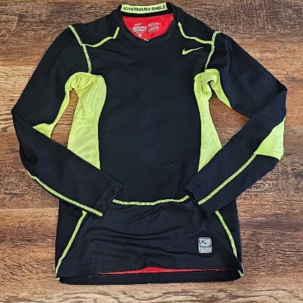 Nike Combat Pro Long-Sleeve Black Yellow Hyperwarm Shield Athletic Top Sz Medium
